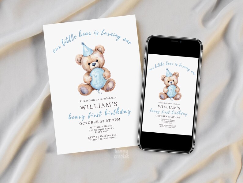 May include: A light blue and brown watercolor illustration of a teddy bear holding a blue balloon with the number one. The invitation reads "William's beary first birthday" with event details. A smartphone displays the same design.