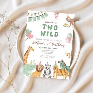 May include: A birthday invitation with the text "TWO WILD" in green, featuring watercolor illustrations of jungle animals. The invitation includes details for William's 2nd birthday, with a giraffe, elephant, lion, panda, and tiger.
