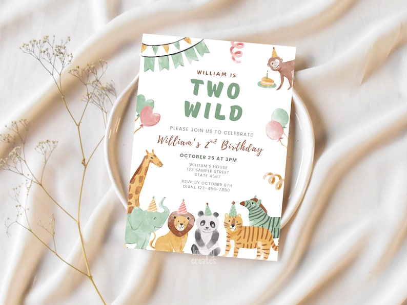 May include: A birthday invitation with the text "TWO WILD" in green, featuring watercolor illustrations of jungle animals. The invitation includes details for William's 2nd birthday, with a giraffe, elephant, lion, panda, and tiger.
