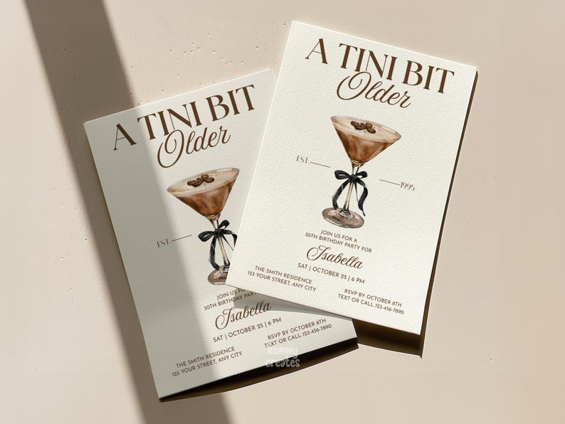 Tini Bit Older-festinbjudan Espresso Martini-födelsedagsinbjudningsmall Vuxen födelsedagsfestinbjudan Redigerbar rosettinbjudan till cocktailparty bild 3