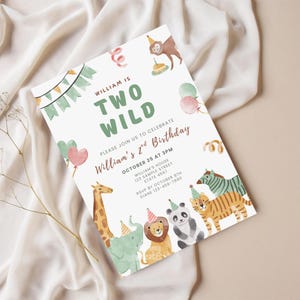 May include: A birthday invitation with the text "TWO WILD" and "William's 2nd Birthday". The invitation features watercolor illustrations of a giraffe, elephant, lion, panda, tiger, and zebra, along with balloons and party decorations.