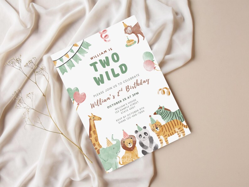 May include: A birthday invitation with the text "TWO WILD" and "William's 2nd Birthday". The invitation features watercolor illustrations of a giraffe, elephant, lion, panda, tiger, and zebra, along with balloons and party decorations.