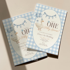 May include: Two light blue gingham patterned birthday invitations. Each invitation features a watercolor illustration of a goose wearing a party hat, balloons, and the text "Drew's 1st Birthday". The text "ONE Silly Goose!" is also displayed.