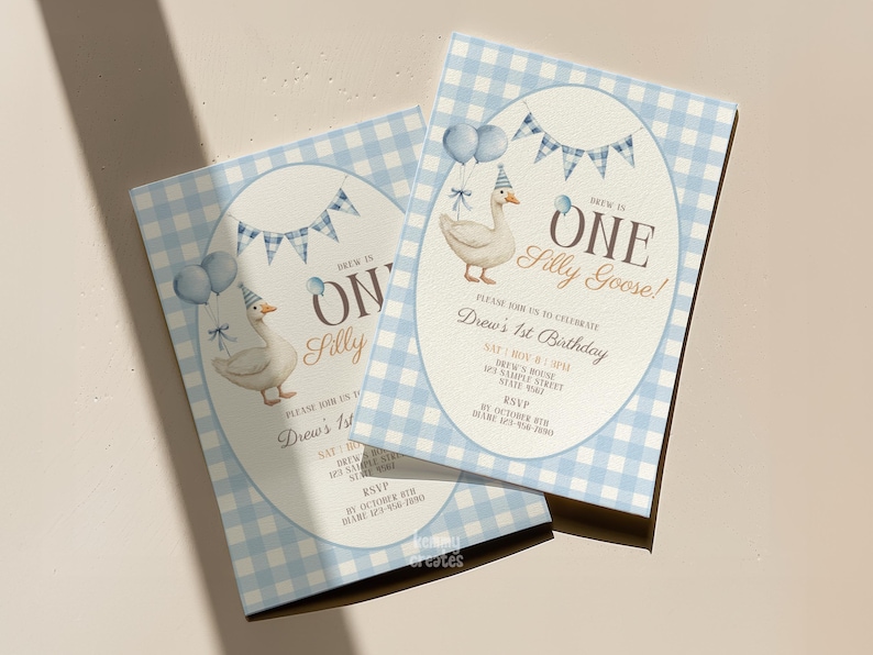 May include: Two light blue gingham patterned birthday invitations. Each invitation features a watercolor illustration of a goose wearing a party hat, balloons, and the text "Drew's 1st Birthday". The text "ONE Silly Goose!" is also displayed.