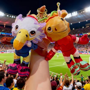 Può includere: Due peluche di personaggi dei cartoni animati sono tenuti in alto di fronte a uno stadio di calcio. Uno è un'aquila con becco giallo e piume viola e bianche. L'altro è un personaggio sorridente in uniforme rossa. Entrambi hanno piedi a forma di pallone da calcio.