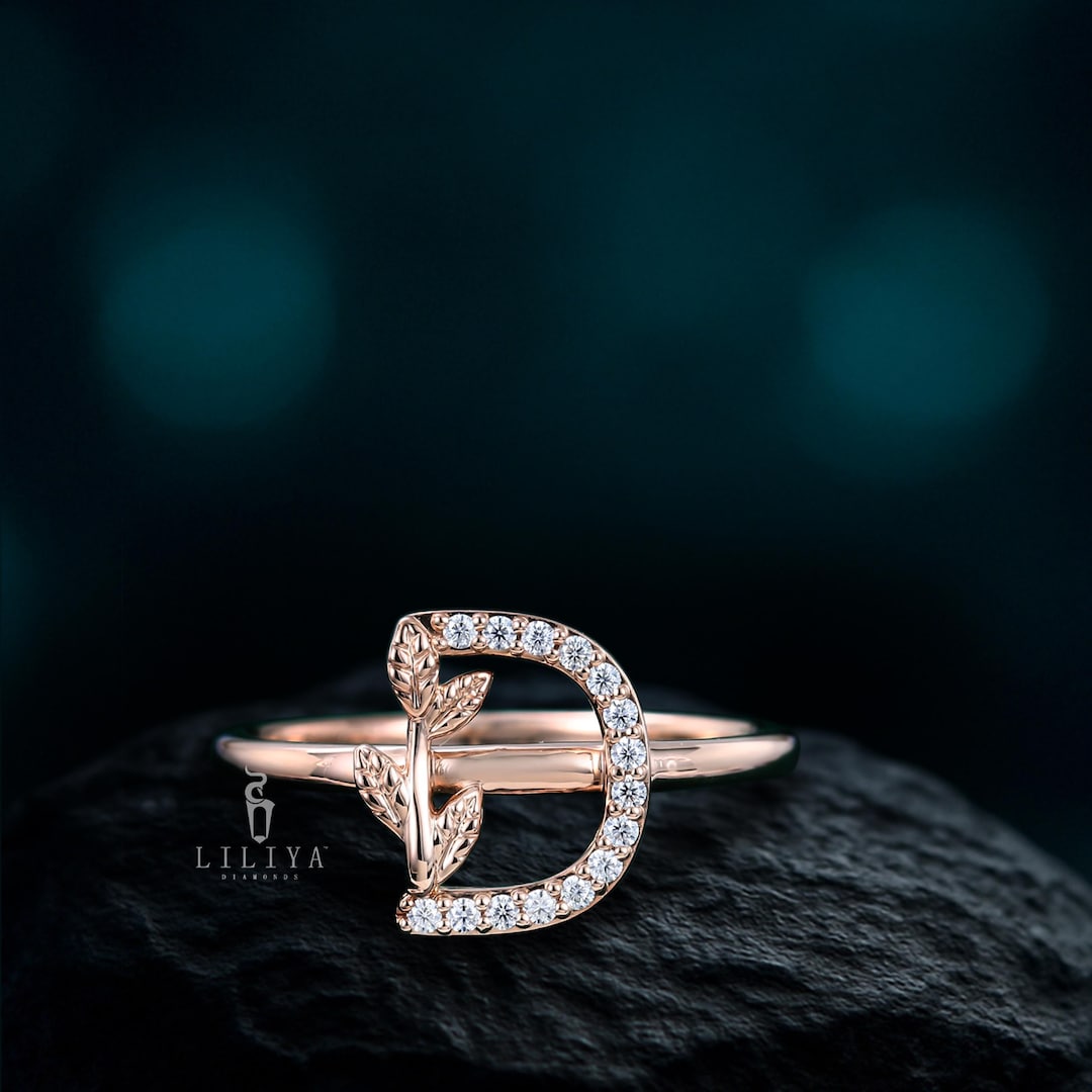 Nature Inspired Letter D Ring, Round Cut Moissanite Initial Ring ...