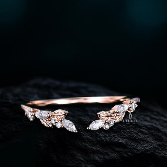 Moissanite Leaf Wedding Band, Rose Gold Open Ring, Marquise Cut - Etsy