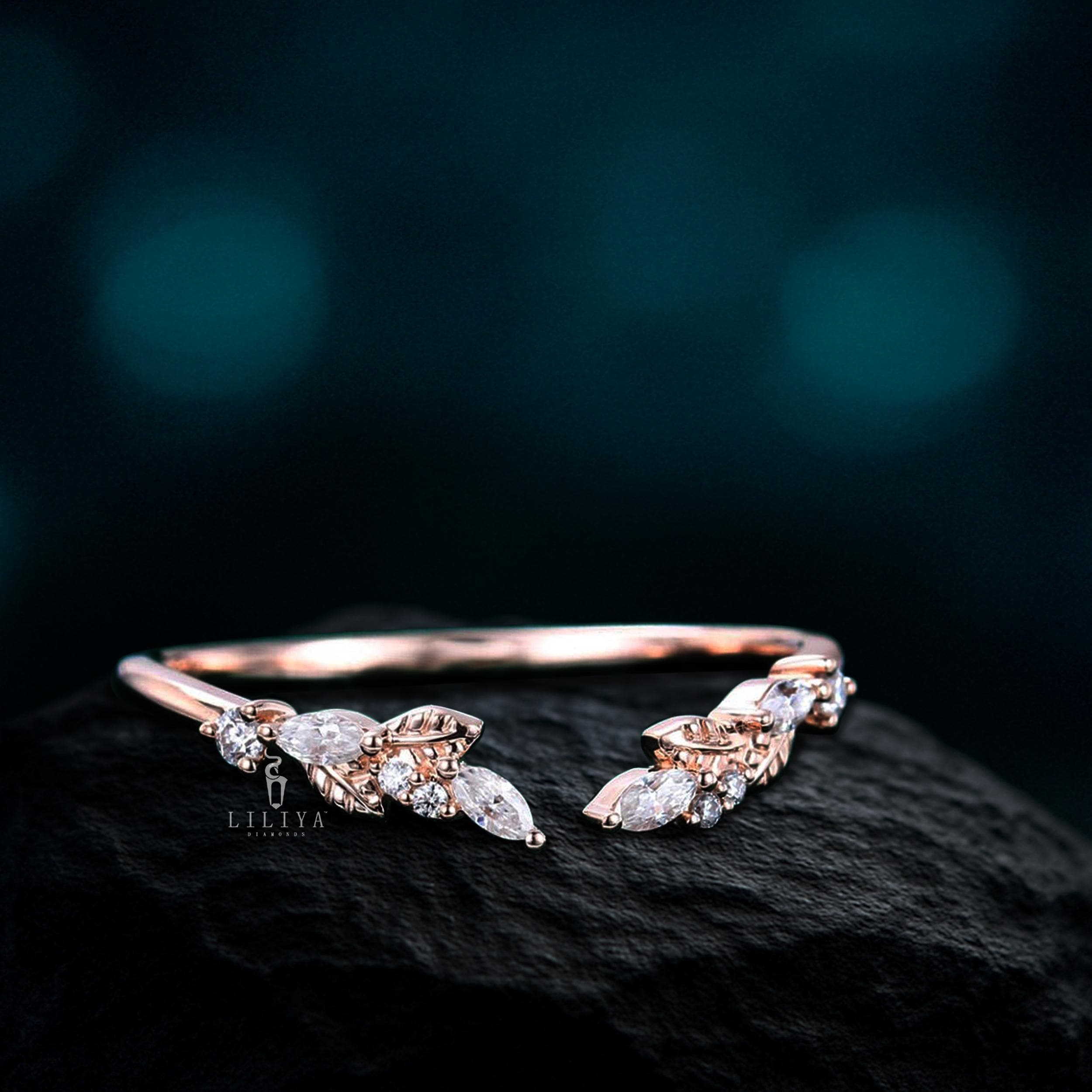 Moissanite Leaf Wedding Band, Rose Gold Open Ring, Marquise Cut - Etsy
