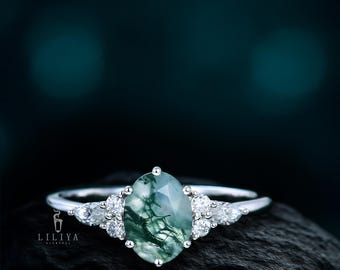 Anello di fidanzamento unico con agata muschiata ovale, anello vintage in oro bianco con moissanite, anello con diamante a marquise, anello nuziale a grappolo, delicato anello di matrimonio