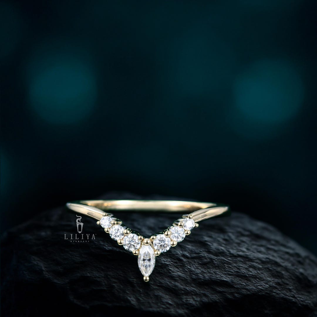 Curved Moissanite Wedding Band Yellow Gold Marquise Cut Diamond Wedding ...