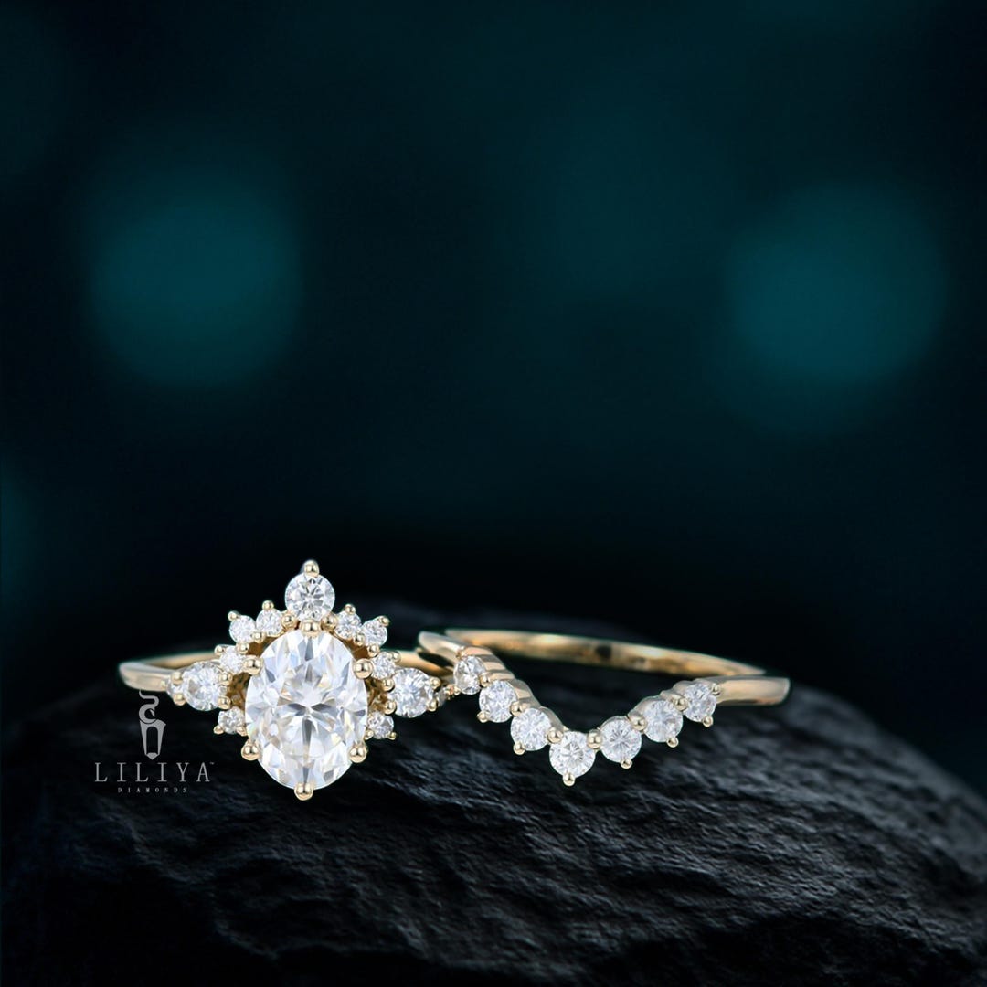 Yellow Gold Oval Moissanite Cluster Engagement Ring Set - Etsy