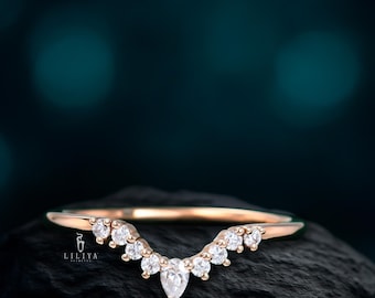 Pear Moissanite Wedding Band, Curved Promise Ring, Rose Gold