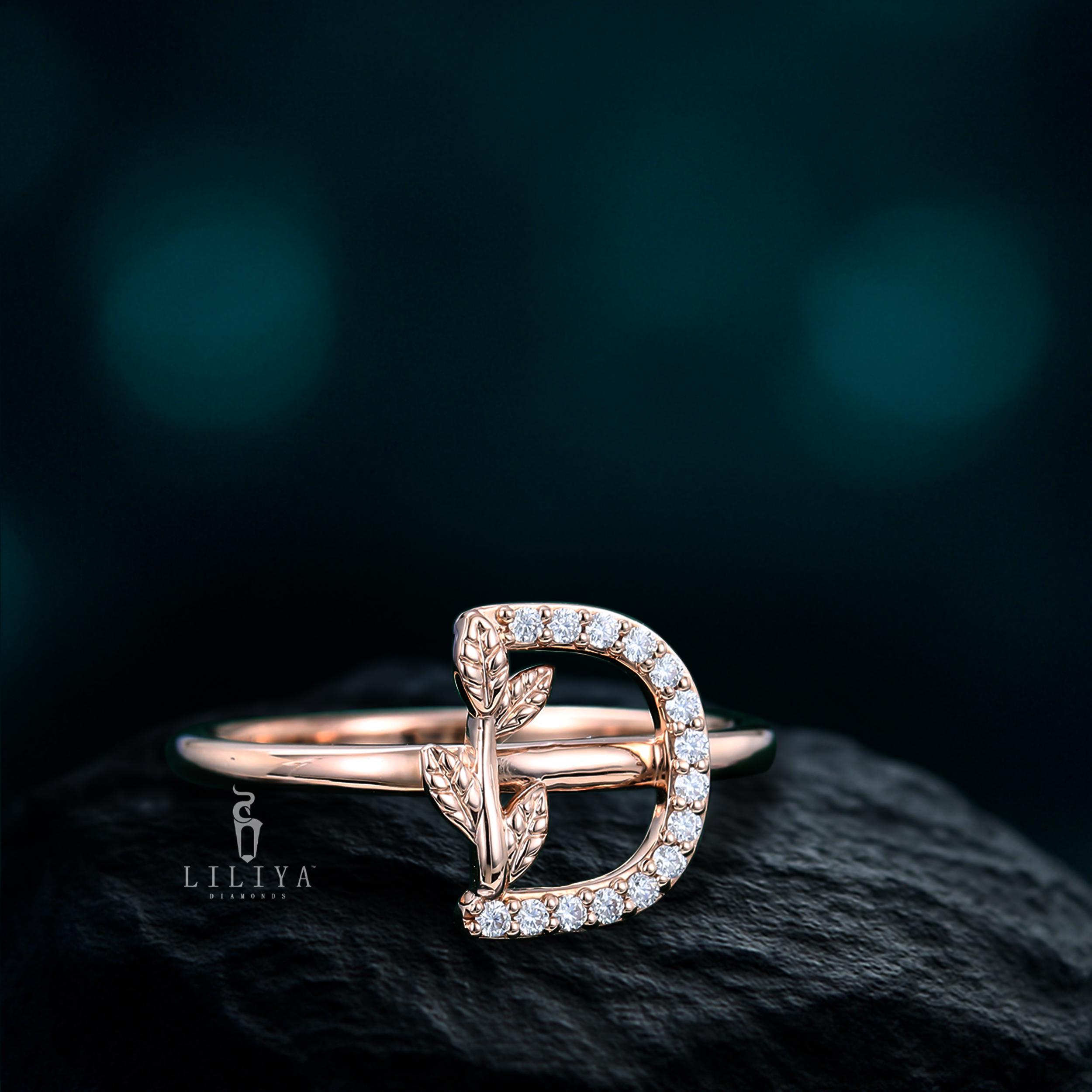 Nature Inspired Letter D Ring, Round Cut Moissanite Initial Ring ...