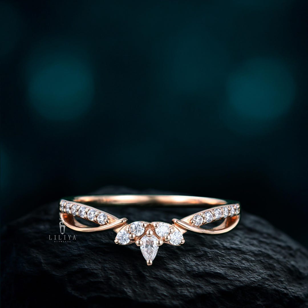 Vintage Curved Wedding Band Unique Rose Gold Moissanite Ring Art Deco ...