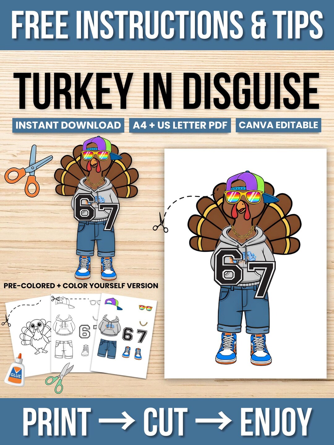 Six Seven Turkey Disguise Printable Craft Kit, 67 Bruh Costume Coloring ...