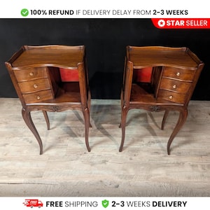 May include: Two antique wooden bedside tables. Each table has three small drawers, a lower shelf, and curved legs. The interior of the tables is lined with red fabric. The tables are made of dark wood.