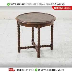 Round Oak Side Table with Turned Legs. Small Wood End Table.