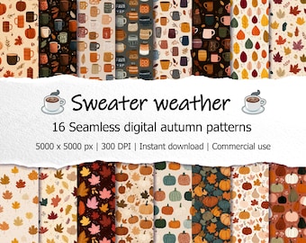 May include: A digital art image showcasing 16 seamless autumn patterns. The patterns feature mugs, leaves, and pumpkins in warm colors. Text reads "Sweater weather" and "16 Seamless digital autumn patterns".