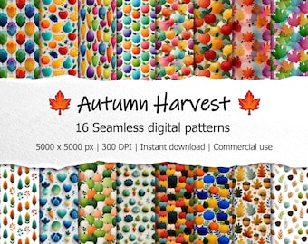 Ensemble de motifs sans couture pour récolte d'automne | Pack de papiers numériques aquarelle citrouille d'automne | PNG pour sublimation Thanksgiving | Textures pour impression sur tissu