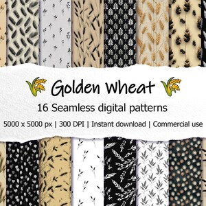 Pode incluir: Uma coleção de 16 padrões digitais sem costura com designs de trigo em várias cores. Os padrões incluem espigas de trigo e elementos florais em fundos bege, preto e branco. O texto "Golden Wheat" é exibido acima dos padrões.