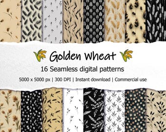 Könnte beinhalten: Eine Sammlung von 16 nahtlosen digitalen Mustern mit Weizenmotiven in verschiedenen Farben. Die Muster umfassen Weizenähren und florale Elemente auf Hintergründen in Beige, Schwarz und Weiß. Der Text "Golden Wheat" wird über den Mustern angezeigt.