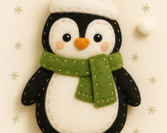 May include: A handmade felt penguin ornament. The penguin is black and white with a red Santa hat, a green scarf, and orange feet. The background is a light beige with white snowflake and ball accents.