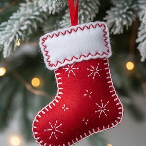 Puede incluir: Adorno de calcetín navideño de fieltro rojo con bordado de copos de nieve blancos y puño blanco. El calcetín está adornado con costuras blancas y una cinta roja para colgar. Decoración festiva.