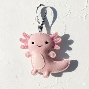 May include: A pink felt axolotl decoration with a smiling face, black eyes, and pink gills. The axolotl has a white stitched outline and a black and white striped ribbon for hanging. A charming, handmade ornament.