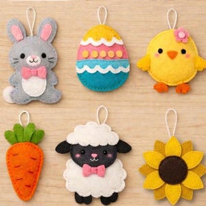 Set 6 Easter Ornaments, Sewing Pattern, Easter Bunny, Tree, Christmas, cute, kids, diy, felt, Easter Egg, pet, gift, Chicken, sheep, Chick,