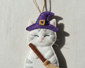 Cat In Witch Hat, Halloween Felt Ornament Pattern, DIY, Sewing project, Gift, Decor, witch pattern, Halloween pattern, Halloween decor