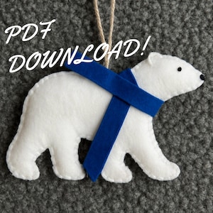 Easy, Polar Bear, Ornament, Sewing PATTERN, PDF, Tree, Christmas, cute, beginner, tutorial, craft, kids, felt, toy, doll, activity, scarf