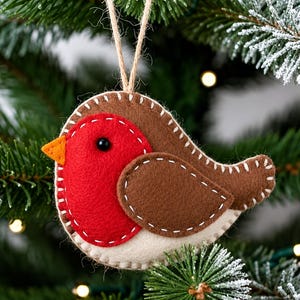 Può includere: Un ornamento natalizio in feltro a forma di pettirosso. L'uccello ha il petto rosso, le ali e il dorso marroni e il ventre color crema. L'ornamento è cucito con filo bianco e ha un becco arancione e un occhio nero. È appeso a uno spago naturale.