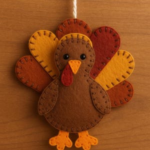 May include: A felt turkey decoration with a brown body, orange feet, and a red wattle. The turkey's tail feathers are in shades of orange and brown. It has black button eyes and a yellow beak. A white string is attached for hanging.