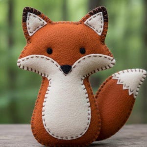 May include: A handmade felt fox toy in shades of orange, white, and brown. The fox has a stitched outline, black eyes, and a white chest. The tail has a white tip. This plush toy is a charming addition to any nursery or child's room.