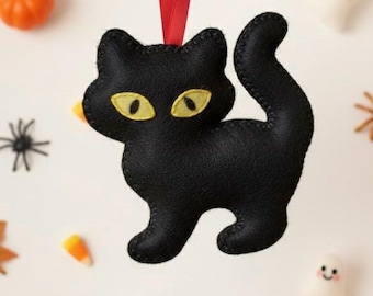 Easy Cat felt ornament sewing pattern - party decor, halloween activity, fall, autumn, black cat, template, DIY, tutorial, party decoration