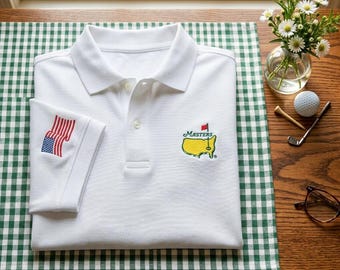 Embroidered Masters Golf Polo Shirt, American Flag Sleeve Polo, Augusta Golf Fan Apparel, Father's Day Gift for Golfer, Preppy Men's Top