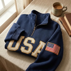 Embroidered USA Flag Quarter Zip Sweatshirt, Semiquincentennial Gift