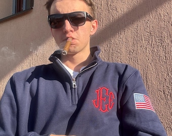 Custom Monogram Quarter Zip Sweatshirt, Embroidered USA Flag Sleeve Sweater