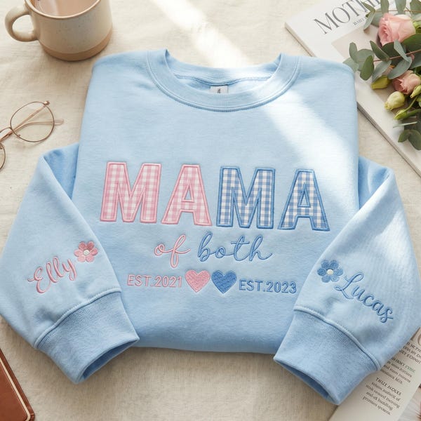 Mama of Both Embroidered Sweatshirt, Custom Gingham Applique Crewneck, Personalized Boy and Girl Mom Shirt, Mother's Day Gift for Mom of Two