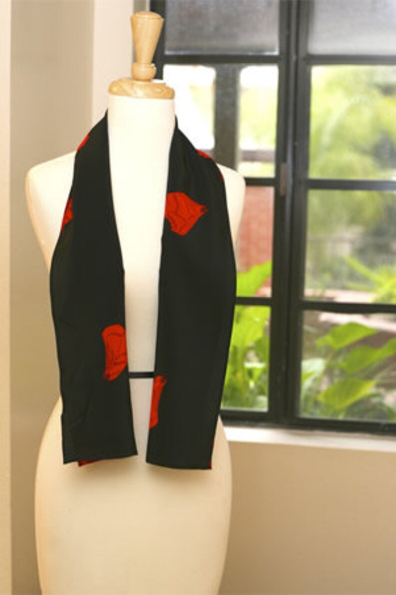 Black small silk scarf with red petals image 1