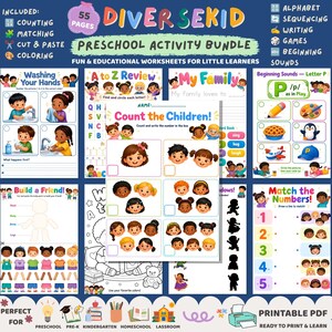 May include: A 55-page preschool activity bundle titled Diver Sekid featuring educational worksheets for children. The collection includes counting, matching, cut and paste, coloring, alphabet, sequencing, writing, games, and beginning sounds exercises.