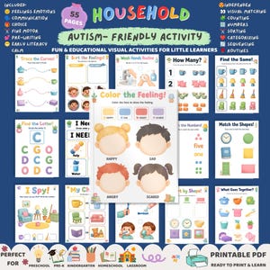 May include: A 55-page printable educational activity set for children featuring autism-friendly visual exercises. The collection includes worksheets for tracing, sorting, counting, and identifying emotions, shapes, and letters with colorful illustrations.