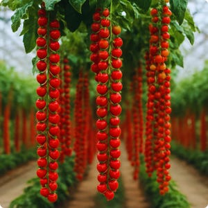 Puede incluir: Primer plano de racimos de tomates cherry rojos colgando de vides verdes. Los tomates son pequeños y redondos, formando largos racimos en cascada. La imagen está tomada en un invernadero, con hileras de plantas visibles en el fondo, destacando el cultivo.