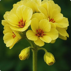 May include: Close-up of a cluster of bright yellow geranium flowers with red centers. The petals are soft and layered, with a few unopened buds at the base. The background is a dark green, creating a contrast with the vibrant blooms.