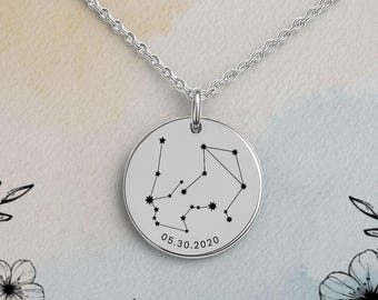Aquarius x Libra Zodiac Necklace with Special Date | Custom Engraved Astrology Jewelry | Personalized Horoscope Pendant | Mother's Day Gift