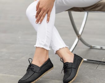Black Leather Loafers Women | Minimalist Deck Shoes | Wide Toe | Grounding Natural Sole | Raven Black