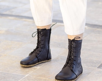 Barefoot Boots Women – Black Grounding Leather Ankle Boots, Wide Toe Box, Handmade Zero Drop