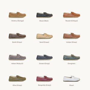 May include: A grid of twelve pairs of leather loafers in various colors. Colors include brown, black, tan, and burgundy. Each pair is displayed from a side view, showcasing the shoe's design and stitching details. The names of the colors are listed below each pair.