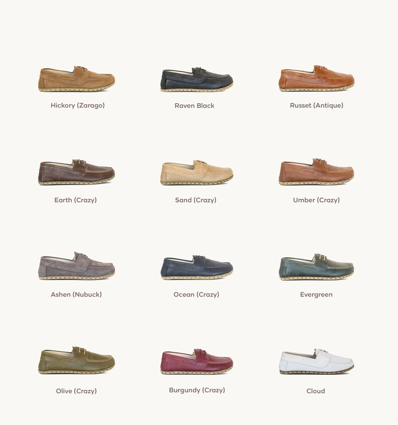 May include: A grid of twelve pairs of leather loafers in various colors. Colors include brown, black, tan, and burgundy. Each pair is displayed from a side view, showcasing the shoe's design and stitching details. The names of the colors are listed below each pair.