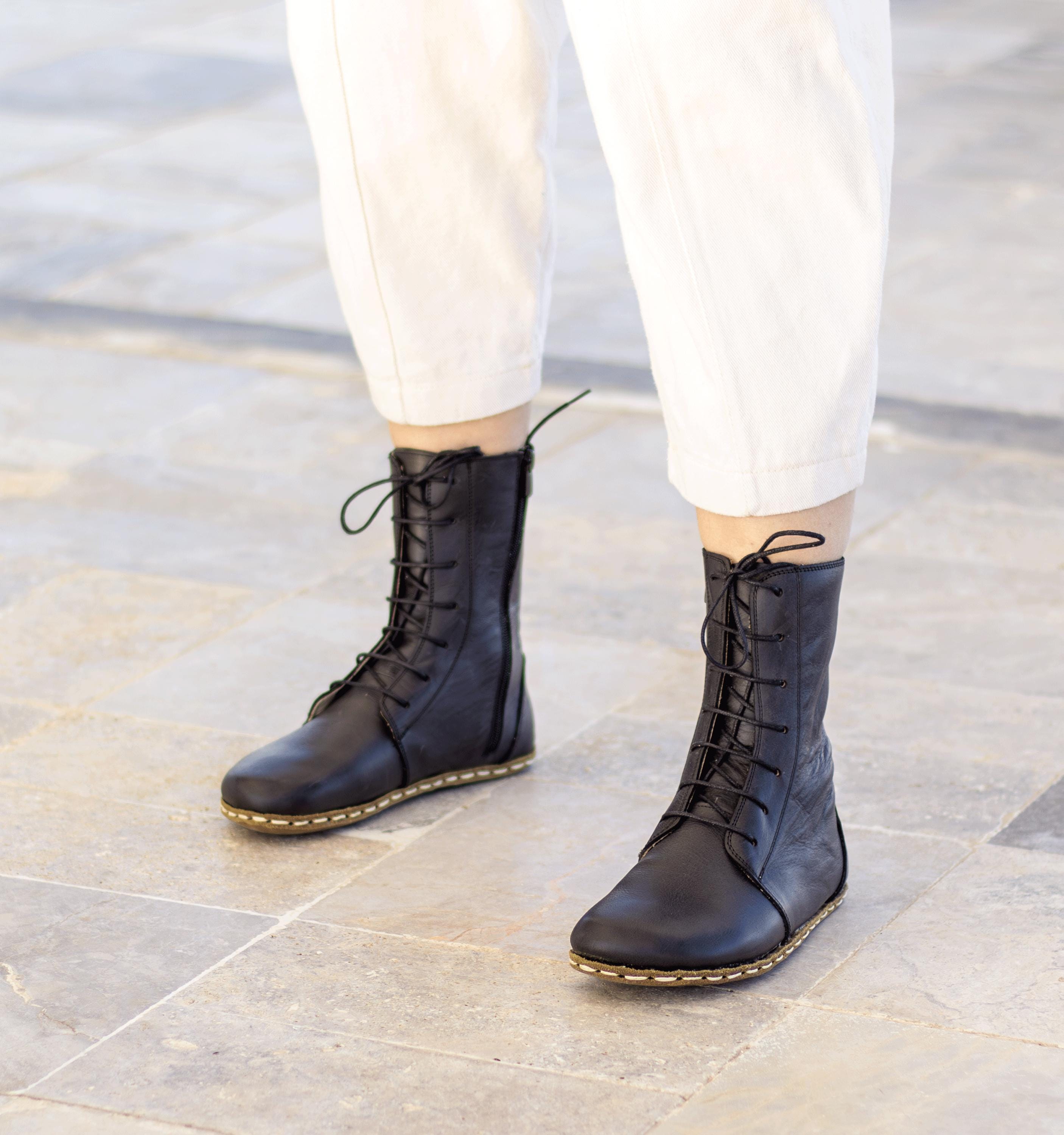 Barefoot Boots Women - Black Grounding Leather Ankle Boots, Wide Toe Box, Handmade Zero Drop